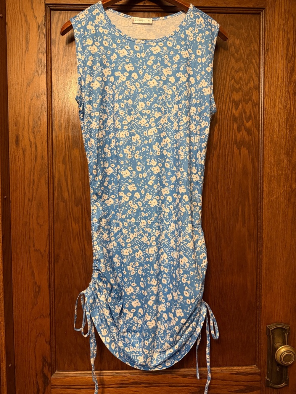 Light Blue Floral Midi Dress with Side Ties